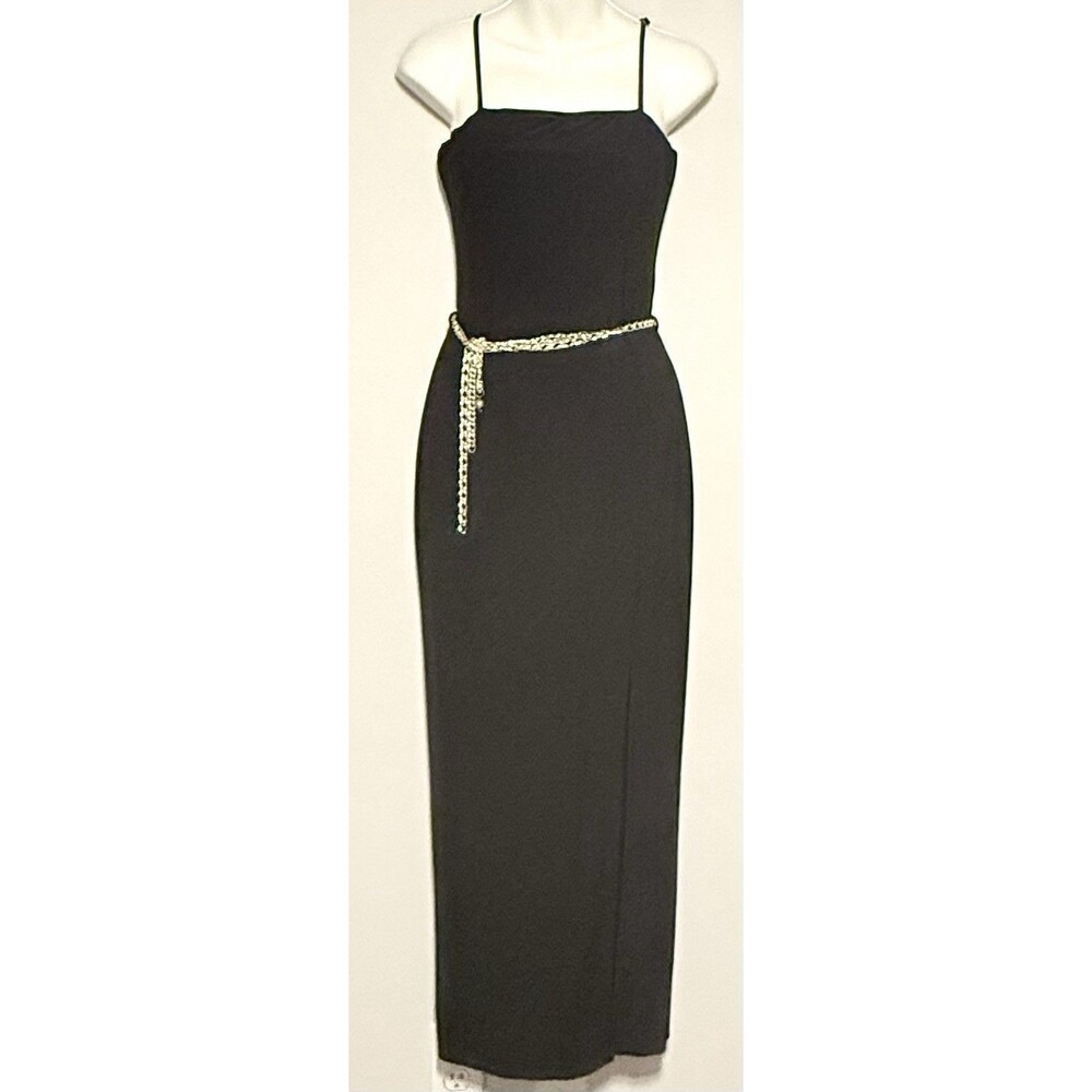 Vintage GUESS Maxi Slip Dress Sz S Black Gold Chain Belt Slit 90s Y2K USA